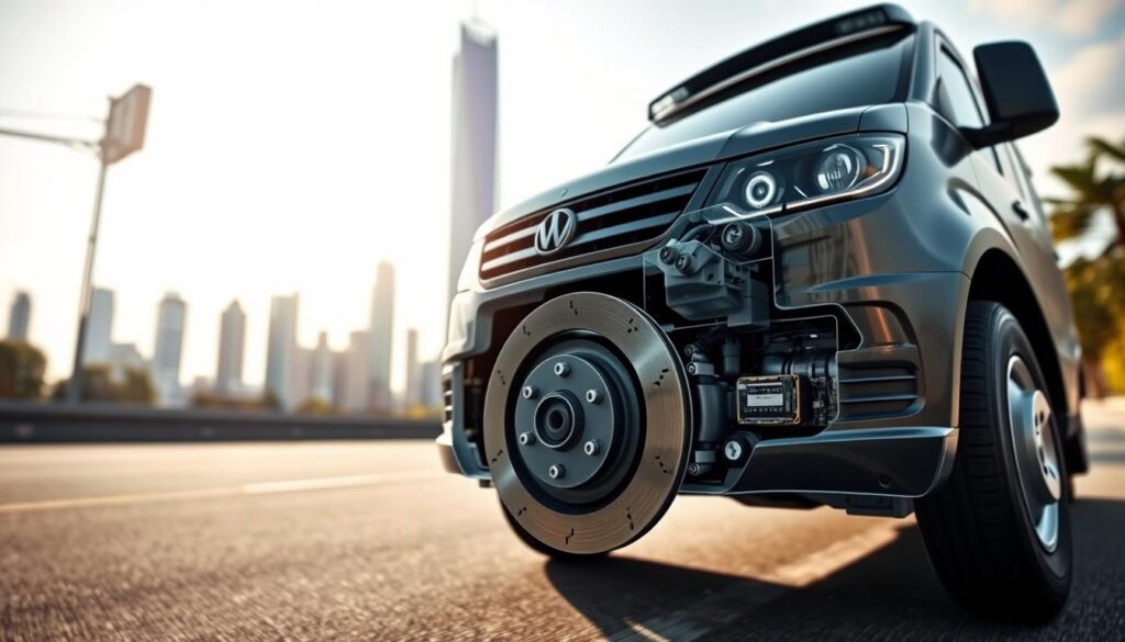 A high-resolution, photorealistic image of the Kanifnath Enterprises autonomous braking technology system. The foreground features a detailed, cutaway view of the vehicle's front-end, showcasing the radar, cameras, and sensors that detect obstacles and initiate emergency braking. The middle ground depicts the vehicle's braking system, including the brake calipers, discs, and electronic control unit. In the background, a sleek, modern city skyline provides context, conveying the urban environment where this technology is designed to operate. The image is lit by natural daylight, casting subtle shadows and highlights to enhance the realism. Captured at a low angle to emphasize the technology's power and importance.