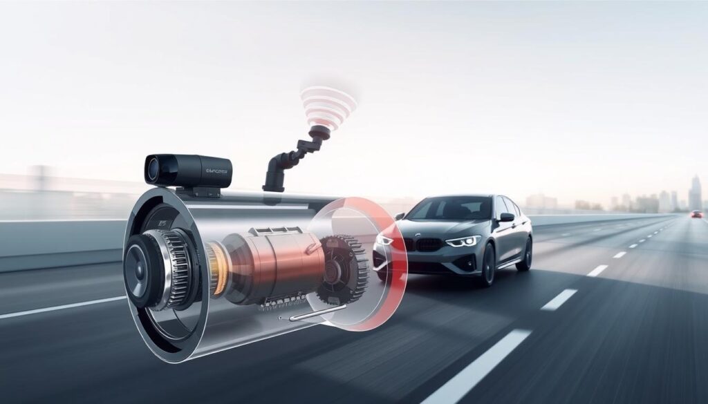 A sleek, modern Automatic Emergency Braking System (AEBS) designed by Kanifnath Enterprises. The system features a front-facing camera and radar sensors, strategically positioned to detect potential obstacles. In the foreground, a detailed cross-section reveals the intricate inner workings of the AEBS, showcasing the advanced algorithms and electronic components that power this safety technology. The middle ground depicts the AEBS in action, with the car slowing down autonomously to avoid a collision. In the background, a minimalist urban landscape sets the scene, emphasizing the system's integration into modern automotive design. Soft, directional lighting highlights the system's precision and reliability, while a cool, technical color palette conveys the cutting-edge nature of this safety feature.