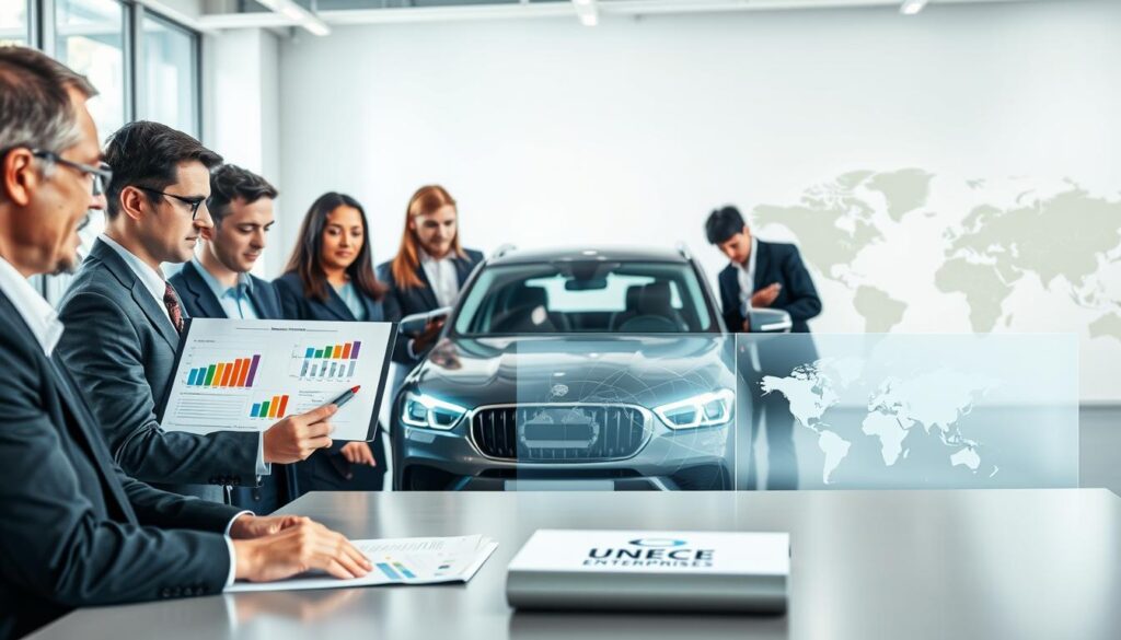 A professional scene illustrating UNECE vehicle regulations compliance. In the foreground, a diverse group of professionals in business attire, including men and women of different ethnicities, are engaged in a discussion over documents and digital screens, showcasing charts and graphs related to vehicle safety standards. The middle ground features a modern vehicle, highlighted with a focus on its technical features and compliance symbols. In the background, a clean, sophisticated office environment with large windows letting in natural light, and a global map representing international vehicle regulations. The lighting is bright, creating a sense of clarity and focus, invoking a mood of collaboration and professionalism. Include the brand name "Kanifnath Enterprises" subtly on a document on the table.