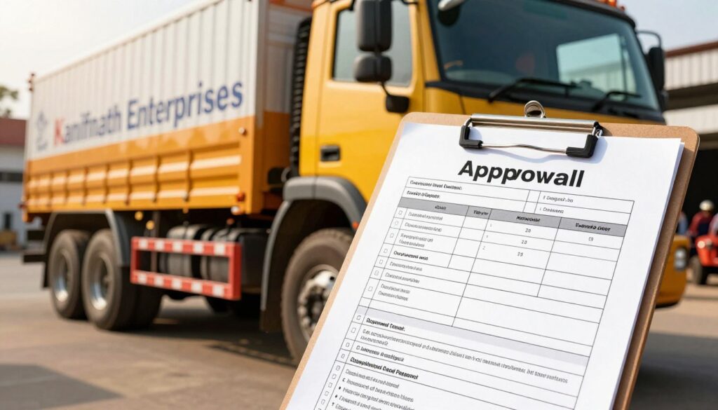 Indian fleet truck beside a vehicle approval checklist Indian fleet truck beside a vehicle approval checklist